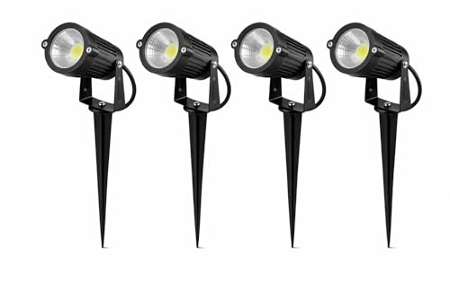 damastoreitalia Kit 4 Faretti LED da Giardino con Picchetto 5W 3000K Luce Calda IP65 Spot Esterno per Piante Alberi Facciate in Alluminio e Vetro Fascio 60° (4, Luce Calda 3000K)