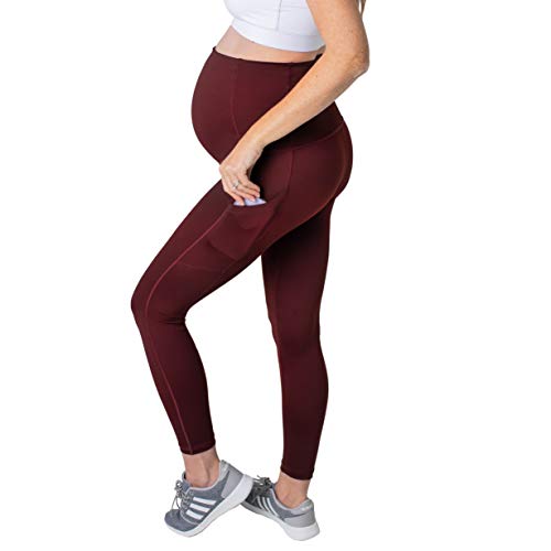 Movemama Women’s Active Maternity Leggings with Pockets, Large, Burgundy