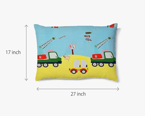 Image of Fitted Bedsheet for Single Bed with 1 Pillow Case, Kids 72 x 48 x 6 Inches Elastic Bed Sheets with Extra Deep Pocket for Thick Mattresses - Blue & Yellow Car Printed