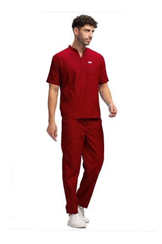 KNYA Classic Men's 5‑Pocket Mandarin Collar Scrub Suit – 67% OFF, XS Maroon, Ultimate Comfort