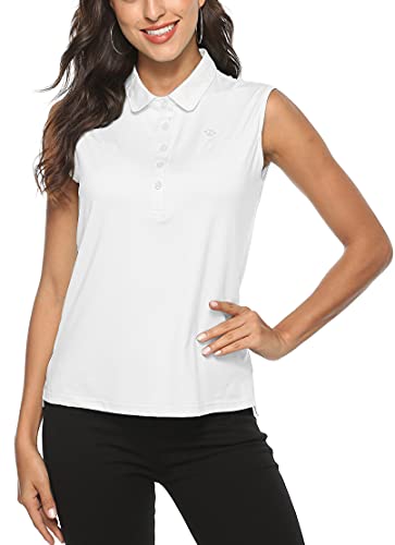 MoFiz Femme Polo sans Manches Uni Sport Polo Shirt d'été Respirant Tennis Golf Tops Blanc L