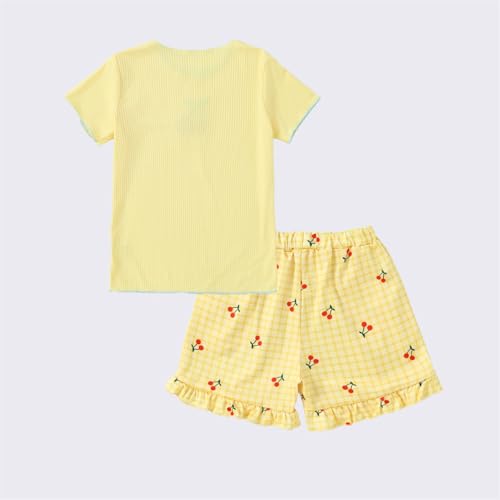 Image of Yoxindax Tween Girls Summer 2-Piece Outfit Set - Crew Neck Short Sleeve T-Cherry Print Shorts 7-14Y Summer Clothes