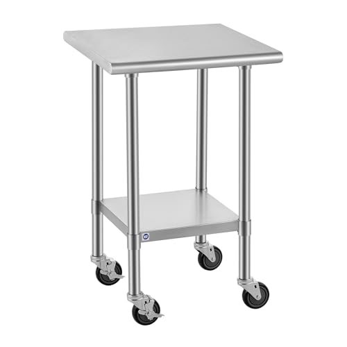 Image of ROCKPOINT All Stainless Steel Prep Table with Caster 24x24 Inch, Commercial Heavy Duty Workbench with Stainless Legs & Adjustable Undershelf, 670 lb Capacity for Outdoor Kitchens with Wheel