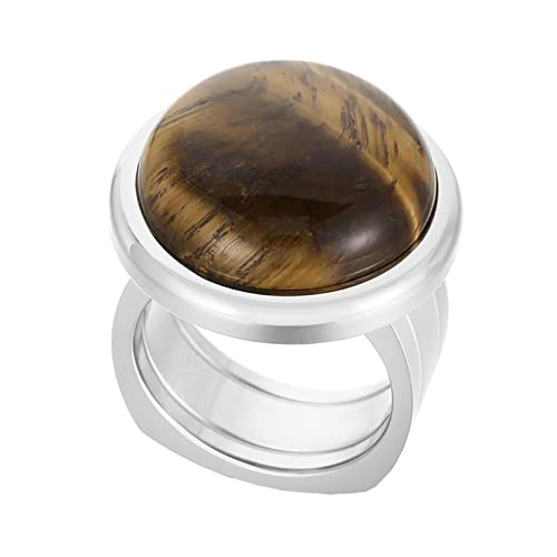 Musihy Bague Acier Inoxydable, Acier Inoxydable Femme Bague 9MM avec Grosse Pierre Ronde, Argent Marron, Taille 56.5