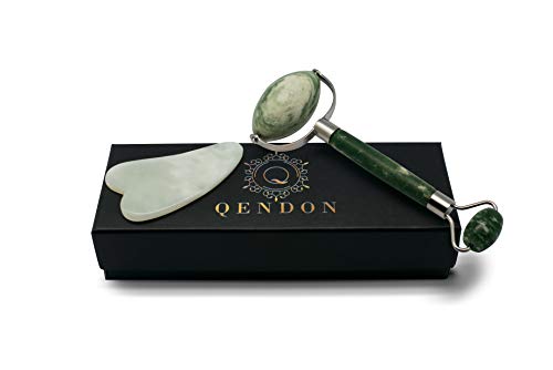 Real Jade roller massager & Gua Sha scraping tool set, Handmade – Stainless steel extremely durable Jade facial roller with 100% anti-aging effect. Depuff, relax your skin and remove wrinkles