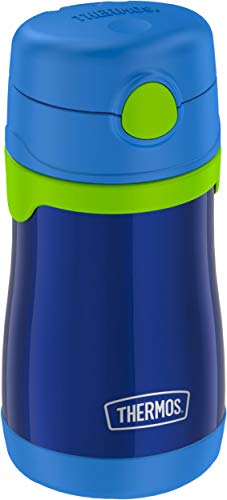 Image of Thermos Baby 10 oz. Stainless Steel Bottle with pop-up straw, Navy with Lime