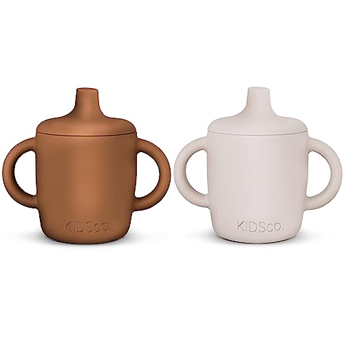 Image of KIDSco. Silicone Sippy Cups with Easy Grip Transition Handles and a Soft Spout. A Non Toxic No Spill Unbreakable Training Cup 150ml/5oz |2-PACK Caramel and Sandy Shore|