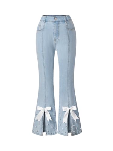 GORGLITTER Girl's Y2k Bow Tie Pearls Jeans Slit Flare Leg Zipper Fly Skinny Denim Pants