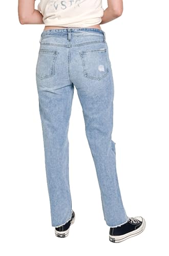 FIVESTAR GENERAL Women’s Juniors 5-Pocket Ripped Distressed Denim Straight Leg Jean, Low Rise with Foldover Waistband3