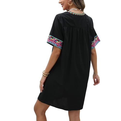 Image of Grosy Fiesta Embroidered Mexican Dress for Women Beach Vacation Plus Size Short Sleeve Summer Boho Dresses with Pocket