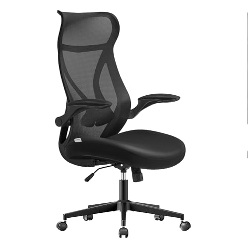 SONGMICS Bürostuhl, Schreibtischstuhl, ergonomische Rückenlehne, höhenverstellbar, hochklappbare Armlehnen, Drehstuhl mit Kopfstütze, bis 150 kg belastbar, tintenschwarz OBN088B01