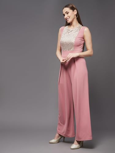 Image of Miss Chase Women's Halter Neck Sleeveless Solid Wide Leg Sequin Paneled Regular Length Jumpsuit