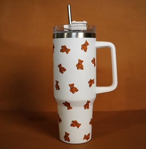Image of 1200ML Stainless Steel Tumbler Hot and Cold with Handle and Lid and 2 Straws, Double Insulated Cup Leak Proof Mug Cupholder for Gym, Travelling (Teddy)