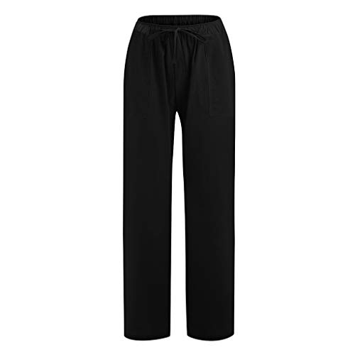 Wabeor Wide Leg Linen Pants For Women Plus Size Elastic Waist Casual Summer Pants Loose Fit Beach Pants Comfy Cotton Trousers A-Black #TOP1
