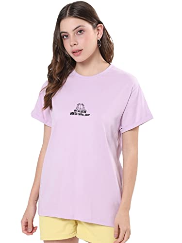 Image of Bewakoof X Garfield Garfield Women's 100% Cotton Graphic Print Boyfriend Fit Half Sleeve Round Neck T-Shirt | Casual wear | Streetwear | Oversized Tshirt for Woman Cotton| Baggy