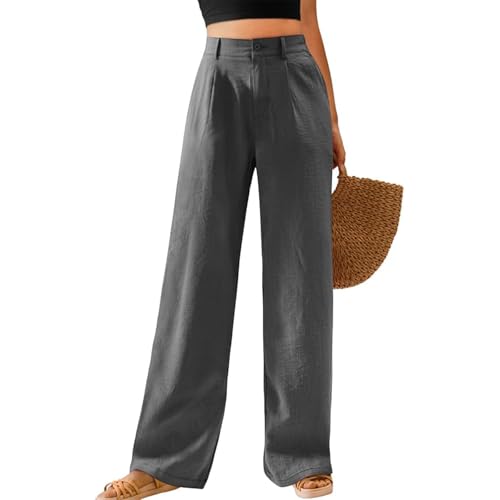Casual Linen High Waist Pants with Elastic Waistband and Straight-Leg Design Summer Trousers with Side Pockets