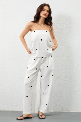 Conjunto de 2 piezas para mujer con pantalones de pierna ancha y top sin tirantes de lunares 2
