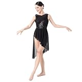 ODASDO Lyrical Dance Costumes for Women Ballet Leotards Asymmetrical Tulle Skirt One-piece Bodysuit Criss Cross V-neck Shiny Sequin U Back Sleeveless Modern Contemporary Dancewear Black Sequin S