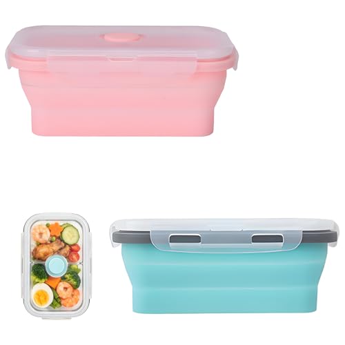 Image of JIESHEPR 2Pcs Collapsible Food Storage Containers with Lids, Silicone Collapsible Bowls & Bento Lunch Box for Camping Travel Kitchen, Space Saving Microwave Dishwasher Freezer Safe, Pink & Sky Blue
