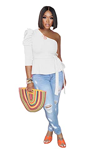 Ekaliy Women Sexy One Shoulder Sleeveless Bodycon High Low Asymmetrical Ruffle Tunics Blouse Shirt Top Dress - Image 3