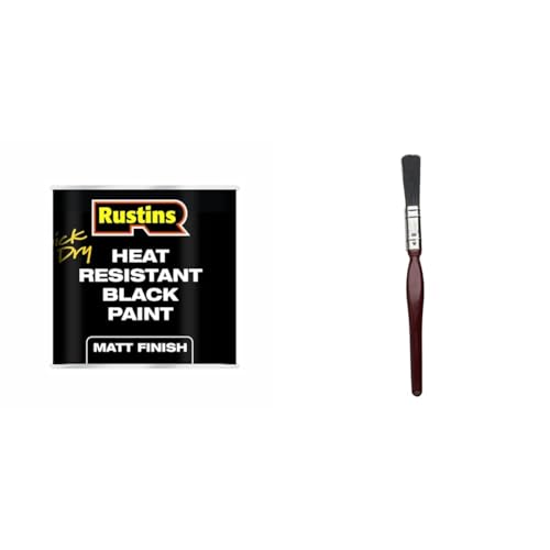 RUSTINS HRMB250 Quick Dry BlackPaint, Heat Resistant Black Paint 250ml & Fit For The Job 0.5 inch All Purpose Mixed Bristle Paint Brush for a Smooth Finish Painting with Emulsion