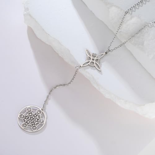 TEAMER Metatron Cube Witch Knot Pendant Necklace Double Amulet Protection Stainless Steel Necklaces Vintage Witchcraft Jewelry For Women4