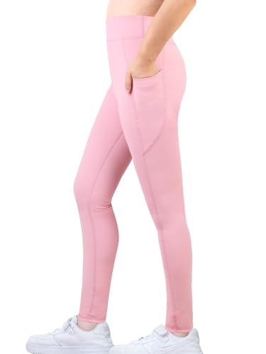 Monbessi Sportleggins Kinder Mädchen mit Handytasche Sporthose Hohe Taille Turnleggins Mädchen Lang für Gym Yoga Gymnastik(150, Rosa)