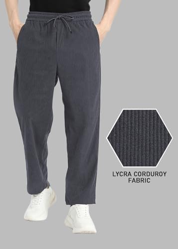 Image of Men's Self Design Corduroy Track Pants - Mid Rise, Flexi Waist, Ankle Length