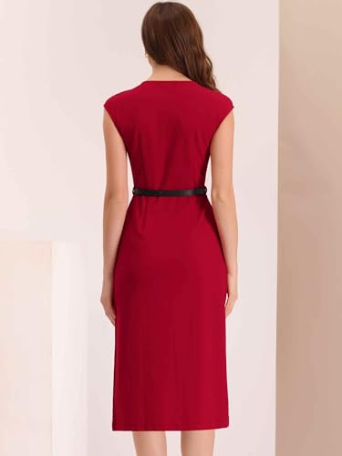 Image of Allegra K Business Dress for Women's Work Elegant 2026 Cap Sleeve Belted Office Sheath Dresses