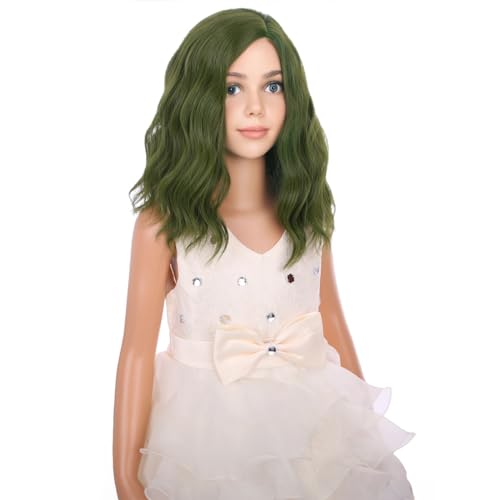 Image of PATTNIUM Olive Green Wig Dark Green Wig for Kids Girls Short Curly Wavy Green Wig Shoulder Length Wigs Synthetic Cosplay Wig with Wig Cap