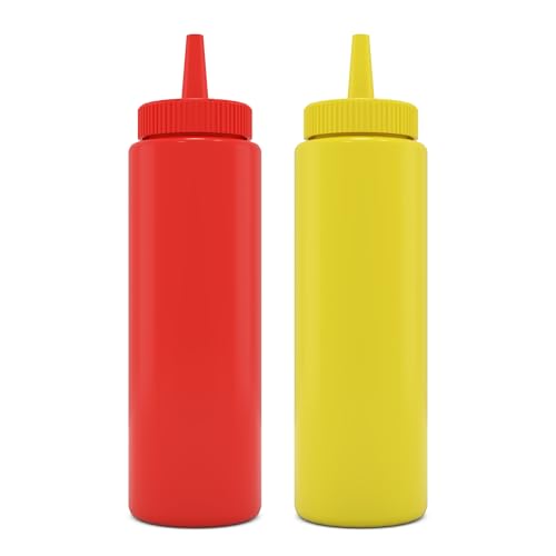 BRIGHTFROM Condiment Squeeze Bottles RED/YELLOW 8 OZ Empty Squirt Bottle with Wide Neck - Great for Ketchup Mustard Syrup Sauces Dressing Oil BPA FREE Plastic - 2 PACK