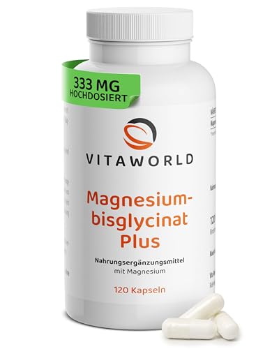 Magnesiumbisglycinat Plus – Magnesium Bisglycinat hochdosiert 333mg pro Tag (120 vegane Kapseln) – für Nerven, Muskeln & Psyche – gut verträglich & bioverfügbar – ohne Zusätze, glutenfrei – vitaworld