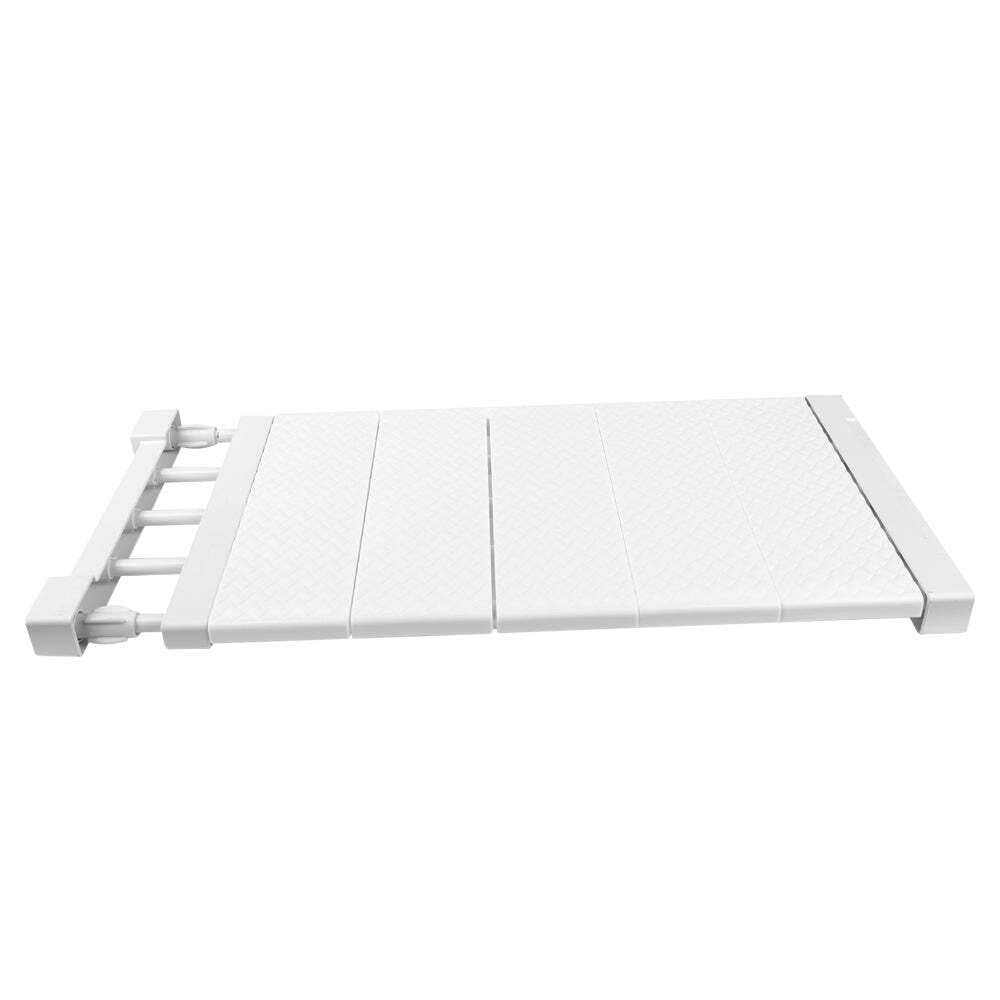 Adjustable Extendable Closet Shelf Organizer – No-Drill Tension Rod Wardrobe Divider & Storage Rack – Space-Saving Cupboard Shelf for Kitchen, Bathroom & Laundry (White, 50-80cm)