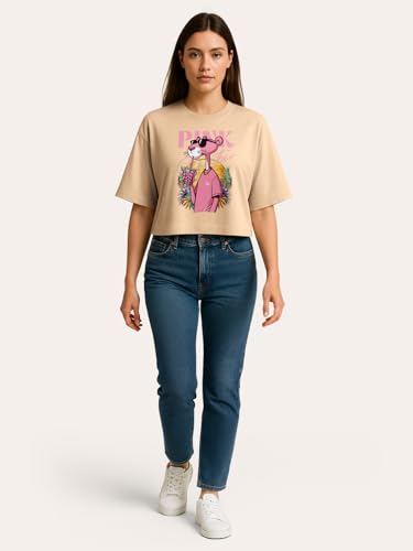 Image of HELLCAT Beige Printed Loose Fit Crew-Neck Crop T-Shirt for Women