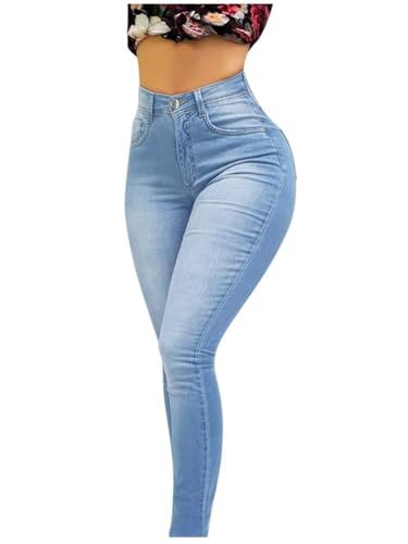 ORANDESIGNE Stretch Jeans Damen Jeans High Waist Denim Jeanshosen Skinny Slim Fit Röhrenjeans Bleistiftjean Lässige Pant Strecken Schlank Stylische Hosen F Hellblau S