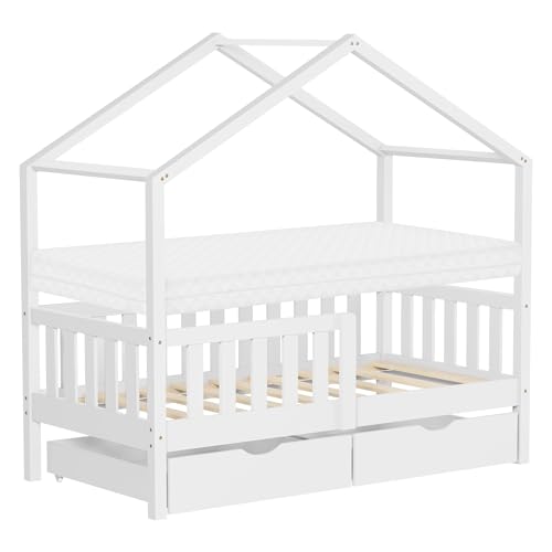 ML-Design Kinderbett Hausbett 70x140 cm Weiß mit Matratze, Holzbett mit 2 Schubladen, Rausfallschutz und Lattenrost, Spielbett aus Kiefernholz, Montessori Bettgestell für Kinder, Bodenbett Bettenhaus ML-Design Kinderbett Hausbett 70x140 cm Weiß mit Matratze, Holzbett mit 2 Schubladen, Rausfallschutz und Lattenrost, Spielbett aus Kiefernholz, Montessori Bettgestell für Kinder, Bodenbett Bettenhaus