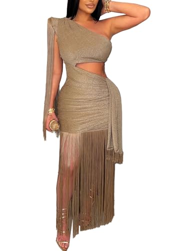 Famnbro Womens Fringe Dress One Shoulder Sleeveless Cutout Bodycon Sexy Cocktail Wedding Party Maxi Dresses Gold