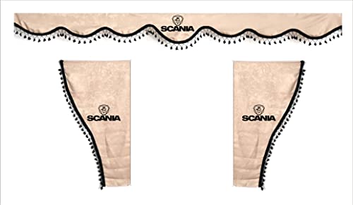 Cortinas Decorativas para Camión con Pompones Negros. Con Logo SCANIA BEIGE Cover