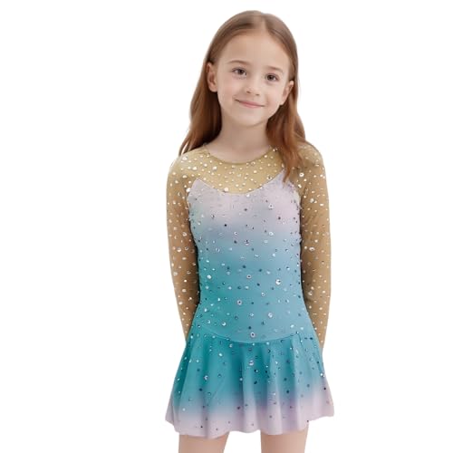 LIUHUO Figure Skating Dress Girls' Long Sleeves Blue Competition Womens Elegant Handmade Crystal