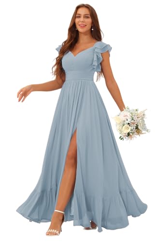 Image of Clothfun Ruffle Sleeve Elegant Bridesmaid Dresses Long Chiffon Formal Dress CYN007
