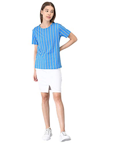 Image of KOTTY Blue Striped Cotton Women T-Shirt