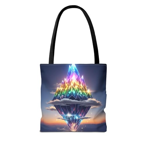 A Glowing Prism Mountain Floating in Sky Premium Tote Bag with Reinforced Stitching on Candles2