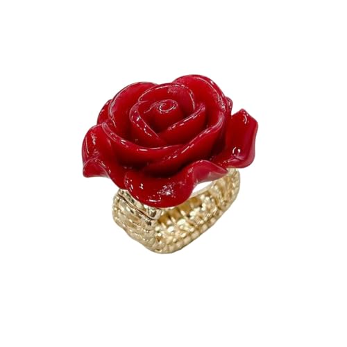 Vintage Red Rose Flower Statement Ring for Women Resin Large 3D Floral Exaggerated Finger Elastic Band Comfort Birthday Wedding Valentine Engagement Promise Cocktail Party Prom Fashion Jewelry Gift