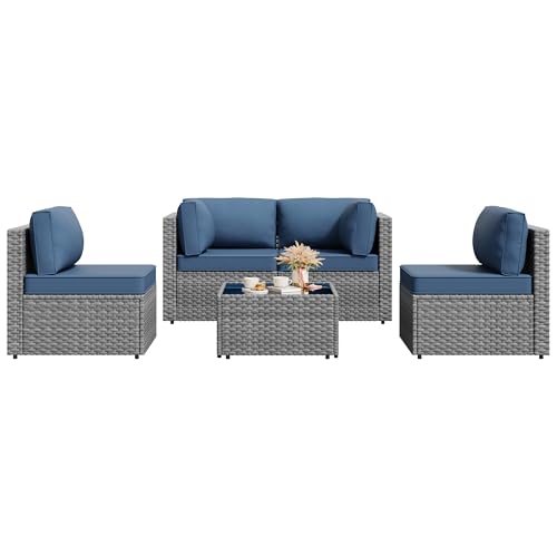Image of Vongrasig 5 Pieces Outdoor Sectional Furniture, All-Weather Rattan Patio Furniture Set, Wicker Patio Sectional Couch with Cushion, Glass Table, Navy Blue