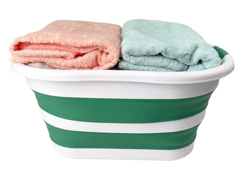 Image of SAMMART 40L (10.5 gallon) Set of 2 Collapsible Plastic Laundry Hamper - Foldable Pop Up Storage Container /Organizer - Portable Washing Tub - Space Saving Basket (2, White /Winter Green)