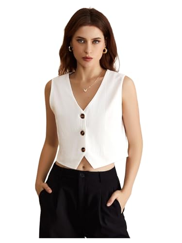 Women's Button Down Cropped Vest Top V Neck Sleeveless Split Hem Business Casual Tops