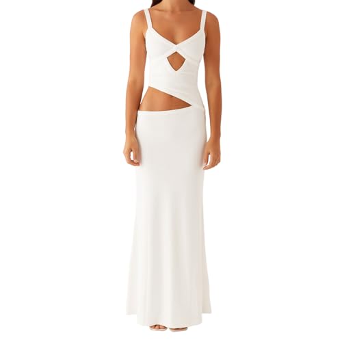 Image of NUFIWI Women Sexy Cutout Long Dress Spaghetti Strap Ruched Bodycon Maxi Dress Backless Hollow Cocktail Dresses