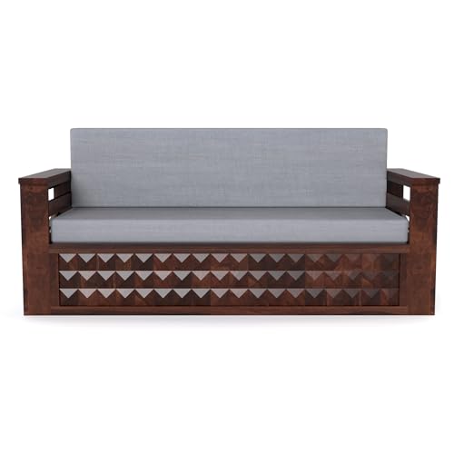 Image of Mamta Furniture Solid Sheesham Wood Sofa Set 3 Seater Furniture Wooden 3 Seater Sofa Cums Bed for Home Living Room with Cushions (Walnut with Grey, 3 Seater Design 2)