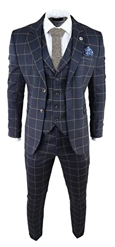 Mens Blue 3 Piece Suit Tan Check Classic Wedding Prom Peaky Tweed Vintage