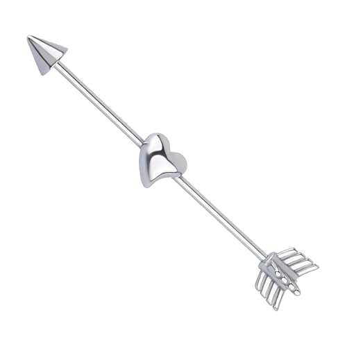 TRBR 16G 3D Heart Industrial Piercing Jewelry Surgical Steel, Arrow Industrial Bar Piercing, Industrial Jewelry for Women and Men, Black Silver Bar (Silver)